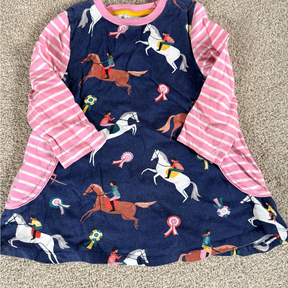 Mini Boden Colorful Horse Print Dress with Striped Sleeves